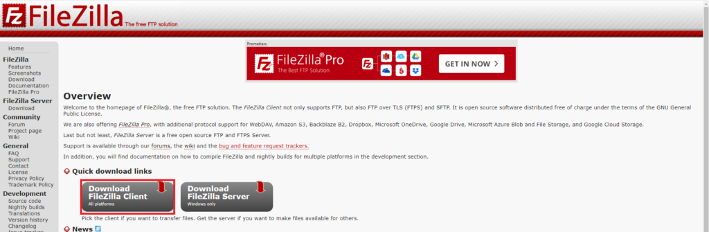 FileZillaのインストーラーを入手